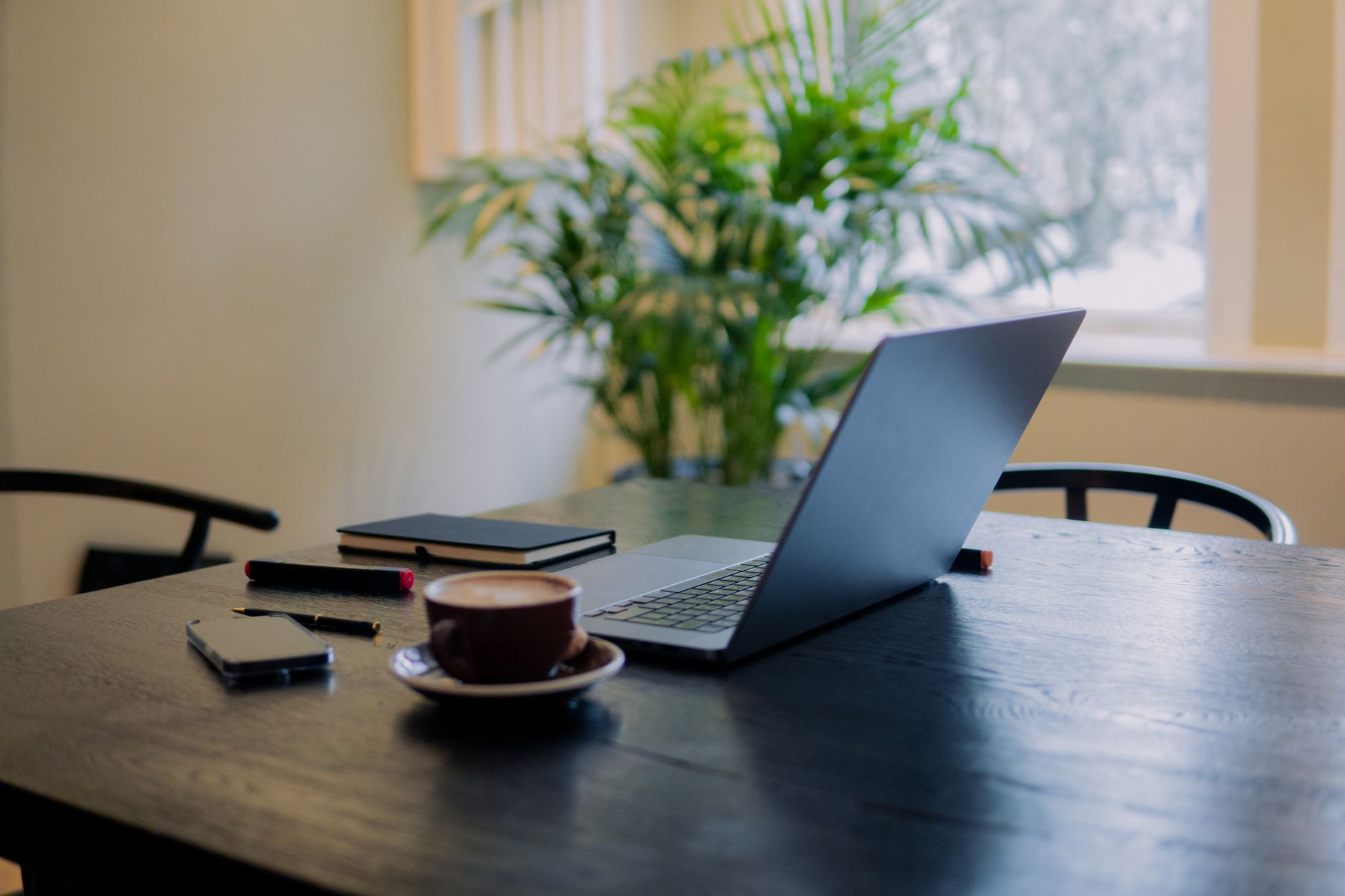 Warmer, einladender Arbeitsplatz in gemütlicher Wohnatmosphäre mit Laptop, Kaffee und Topfpflanze.